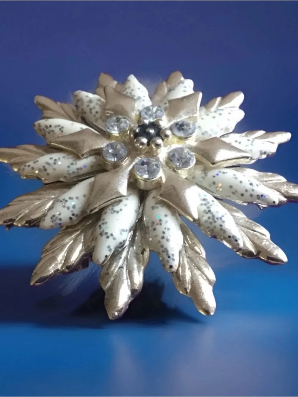 Vintage Silver and White Snowflake Brooch with Crystal Centers